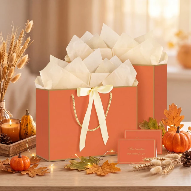 Alt view image 7 of 7 - 2 Pcs Orange Gift Bags with Handles, 14" Medium Fall Gift Bags | 2 Pcs Orange Bags, 4 Tissue Paper and 2 Cards, Ideal for Birthday, Autumn Fall Thanksgiving, Halloween, Thank You Gift