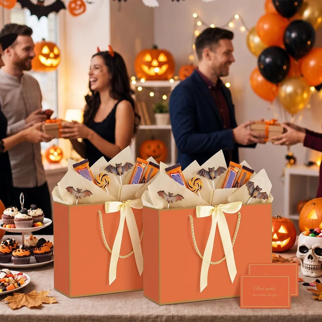 Alt view image 5 of 7 - 2 Pcs Orange Gift Bags with Handles, 14" Medium Fall Gift Bags | 2 Pcs Orange Bags, 4 Tissue Paper and 2 Cards, Ideal for Birthday, Autumn Fall Thanksgiving, Halloween, Thank You Gift