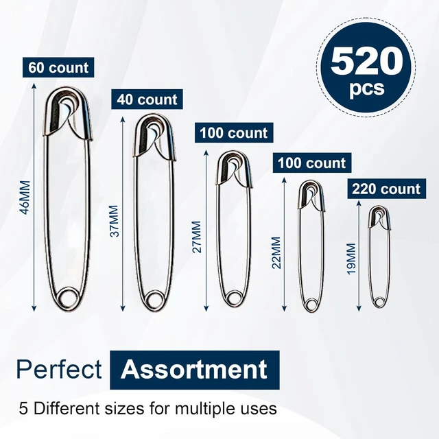 Alt view image 2 of 7 - 520 Pack Safety Pins, Assorted Size Bulk Silver Sewing Pins, Small & Large Heavy Duty Safety Pins for Clothes, Sewing, Art Crafts Supplies, Rust-Resistant Nickel Plated Steel