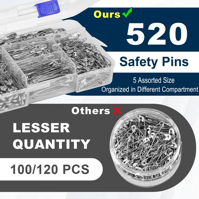 Alt view image 5 of 7 - 520 Pack Safety Pins, Assorted Size Bulk Silver Sewing Pins, Small & Large Heavy Duty Safety Pins for Clothes, Sewing, Art Crafts Supplies, Rust-Resistant Nickel Plated Steel