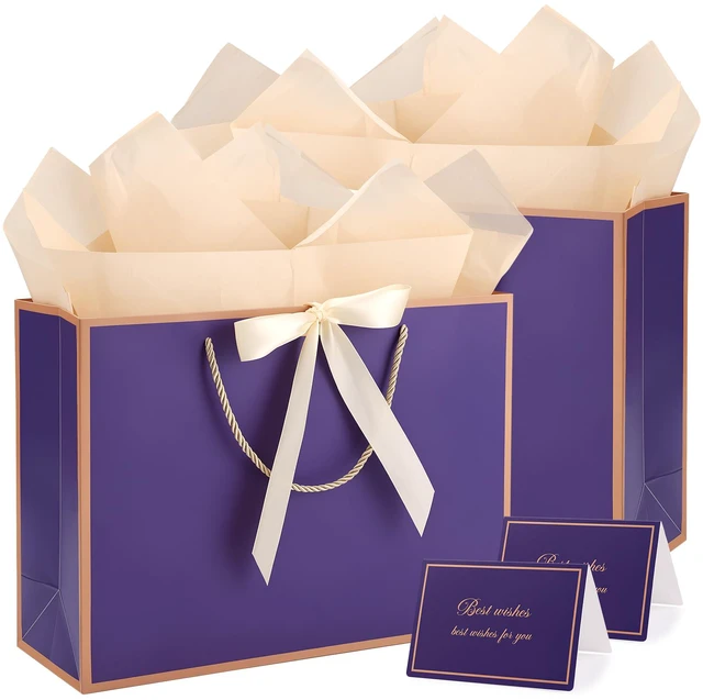 Main image of 2 Pcs Purple Gift Bags with Handles, 14" Medium Gift Bags | 2 Pcs Purple Bags, 4 Tissue Paper and 2 Cards, Ideal for Birthday Wedding Bridal Shower Anniversary Christmas