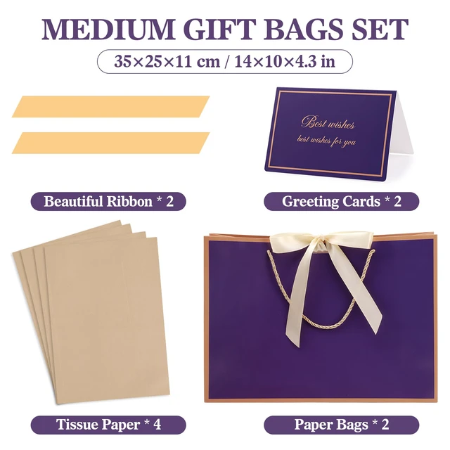Alt view image 2 of 7 - 2 Pcs Purple Gift Bags with Handles, 14" Medium Gift Bags | 2 Pcs Purple Bags, 4 Tissue Paper and 2 Cards, Ideal for Birthday Wedding Bridal Shower Anniversary Christmas