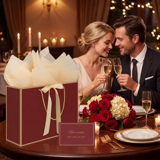Alt view image 5 of 7 - 2 Pcs Red Gift Bags, 14" Medium Wedding Gift Bags with Tissue Paper | 2 Pcs Red Bags, 4 Tissue Paper&2 Cards, Ideal for Fall Wedding Bridal Shower Birthday Party Thanksgiving Christmas