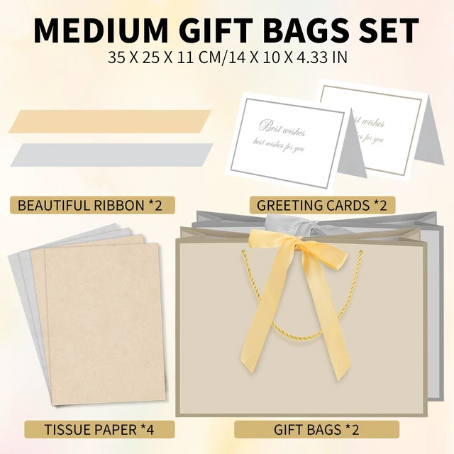 Alt view image 2 of 7 - 2 Pcs Gold & Silver Gift Bags with Handles, 14" Medium Gift Bags | 4 Tissue Paper & 2 Cards, Present Wrap Bag, for Wedding Bridal Shower, Birthday Party