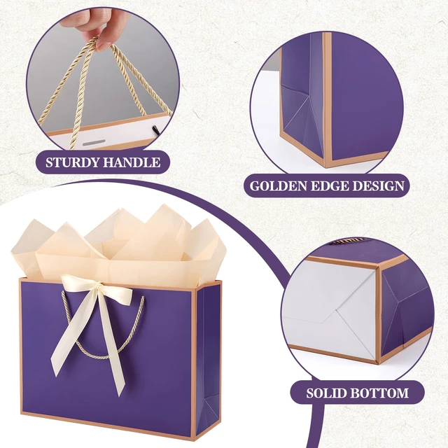Alt view image 3 of 7 - 2 Pcs Purple Gift Bags with Handles, 14" Medium Gift Bags | 2 Pcs Purple Bags, 4 Tissue Paper and 2 Cards, Ideal for Birthday Wedding Bridal Shower Anniversary Christmas