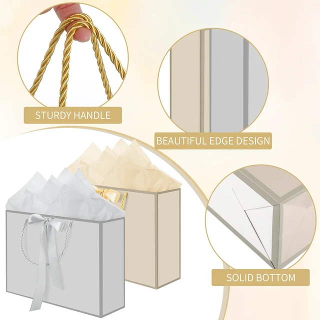 Alt view image 3 of 7 - 2 Pcs Gold & Silver Gift Bags with Handles, 14" Medium Gift Bags | 4 Tissue Paper & 2 Cards, Present Wrap Bag, for Wedding Bridal Shower, Birthday Party