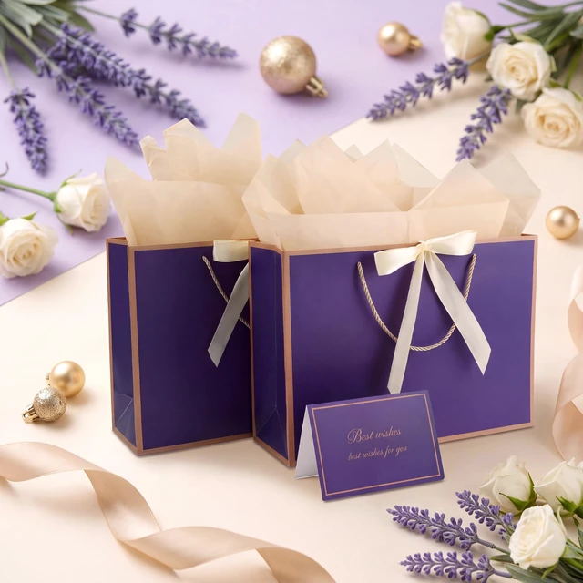 Alt view image 7 of 7 - 2 Pcs Purple Gift Bags with Handles, 14" Medium Gift Bags | 2 Pcs Purple Bags, 4 Tissue Paper and 2 Cards, Ideal for Birthday Wedding Bridal Shower Anniversary Christmas