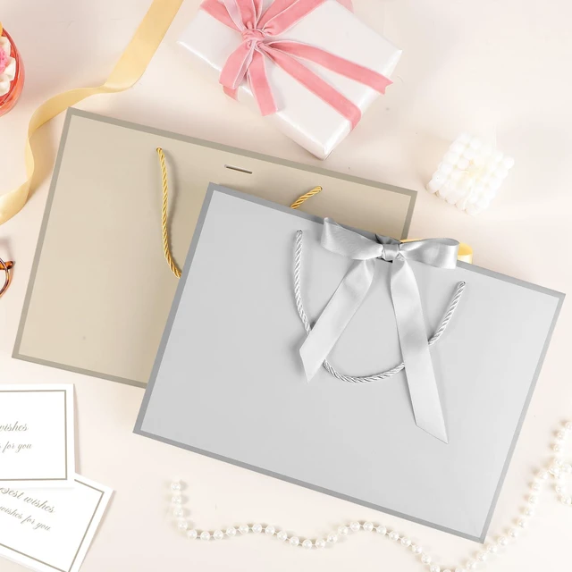 Alt view image 4 of 7 - 2 Pcs Gold & Silver Gift Bags with Handles, 14" Medium Gift Bags | 4 Tissue Paper & 2 Cards, Present Wrap Bag, for Wedding Bridal Shower, Birthday Party