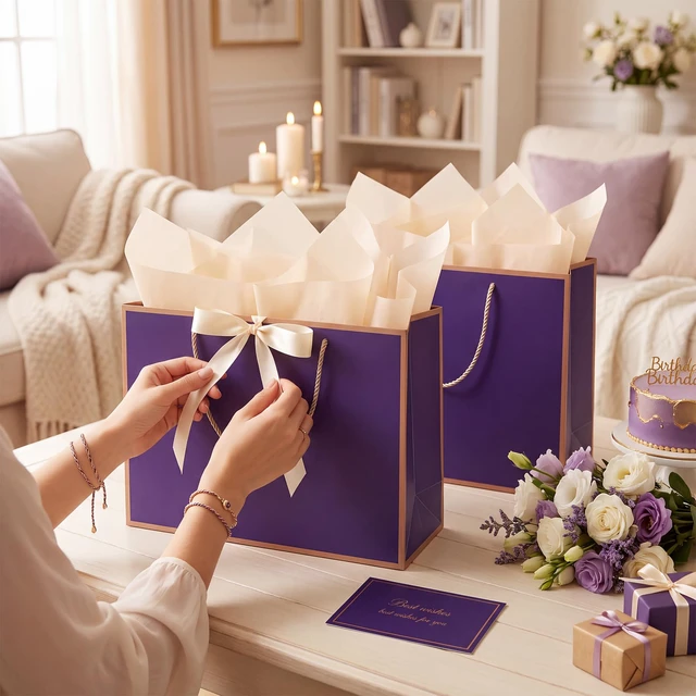Alt view image 5 of 7 - 2 Pcs Purple Gift Bags with Handles, 14" Medium Gift Bags | 2 Pcs Purple Bags, 4 Tissue Paper and 2 Cards, Ideal for Birthday Wedding Bridal Shower Anniversary Christmas