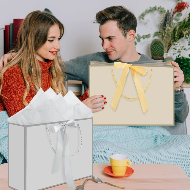 Alt view image 6 of 7 - 2 Pcs Gold & Silver Gift Bags with Handles, 14" Medium Gift Bags | 4 Tissue Paper & 2 Cards, Present Wrap Bag, for Wedding Bridal Shower, Birthday Party