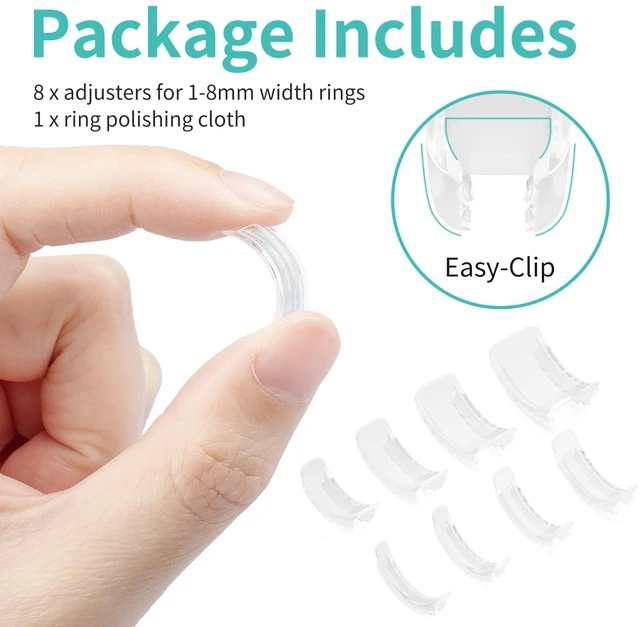 Alt view image 2 of 6 - Ring Sizers for Loose Rings, 8 Pack 8 Sizes, Ring Size Adjuster, Invisible Ring Guards for Women and Men, Resizer with Polishing ClothFits Bands Width to 1-8mm