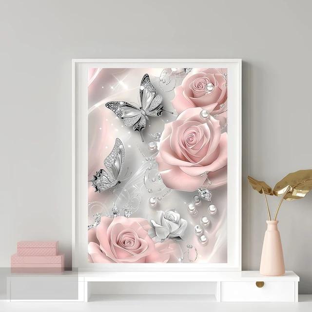 Alt view image 2 of 7 - 5D Diamond Painting Kits for Adults, Butterfly Rose Flower Diamond Art Kits | DIY Full Drill Diamond Dot Gem Painting for Home Wall Decor 12x16inch