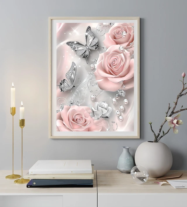Alt view image 3 of 7 - 5D Diamond Painting Kits for Adults, Butterfly Rose Flower Diamond Art Kits | DIY Full Drill Diamond Dot Gem Painting for Home Wall Decor 12x16inch