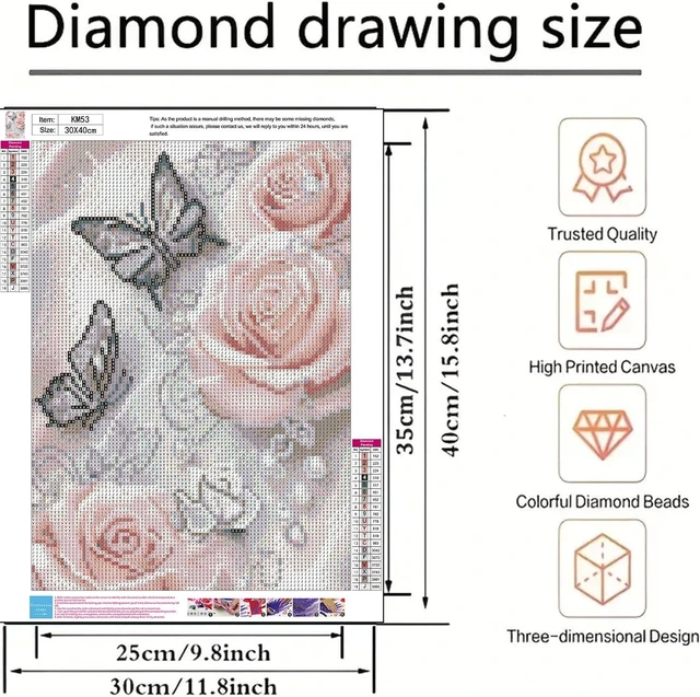 Alt view image 6 of 7 - 5D Diamond Painting Kits for Adults, Butterfly Rose Flower Diamond Art Kits | DIY Full Drill Diamond Dot Gem Painting for Home Wall Decor 12x16inch