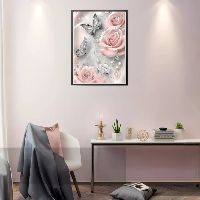 Alt view image 5 of 7 - 5D Diamond Painting Kits for Adults, Butterfly Rose Flower Diamond Art Kits | DIY Full Drill Diamond Dot Gem Painting for Home Wall Decor 12x16inch