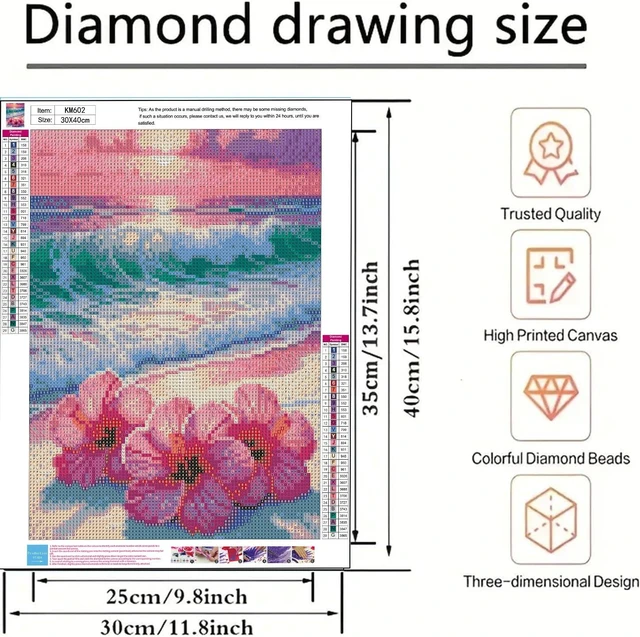 Alt view image 5 of 7 - 5D Diamond Art Kits for Adults, Beach Flower Diamond Painting Kits | Full Drill Round Paint by Diamonds Dot Gem Art for Home Wall Decor 12x16inch