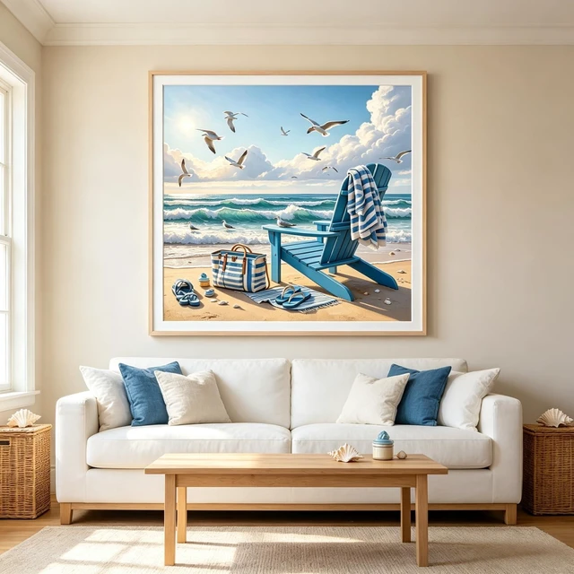 Alt view image 2 of 7 - Beach 5D Diamond Painting Kit for Adults, Ocean Scene Diamond Art Kits | Full Round Drill Coastal Scene Gem Painting Paint by Diamonds Relaxing DIY Craft for Home Wall Decor 13.7x13.7inch