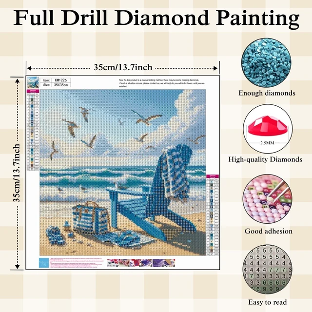 Alt view image 5 of 7 - Beach 5D Diamond Painting Kit for Adults, Ocean Scene Diamond Art Kits | Full Round Drill Coastal Scene Gem Painting Paint by Diamonds Relaxing DIY Craft for Home Wall Decor 13.7x13.7inch
