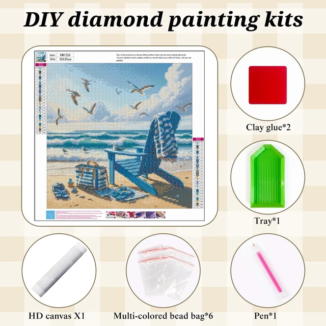 Alt view image 6 of 7 - Beach 5D Diamond Painting Kit for Adults, Ocean Scene Diamond Art Kits | Full Round Drill Coastal Scene Gem Painting Paint by Diamonds Relaxing DIY Craft for Home Wall Decor 13.7x13.7inch