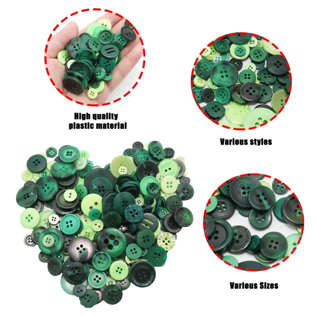 Alt view image 4 of 7 - About 300 Pcs Green Resion Buttons for Crafts, 4 Holes Assorted Sizes Resin Buttons, for Crafting, Arts, DIY, Decoration, Sewing (Green)