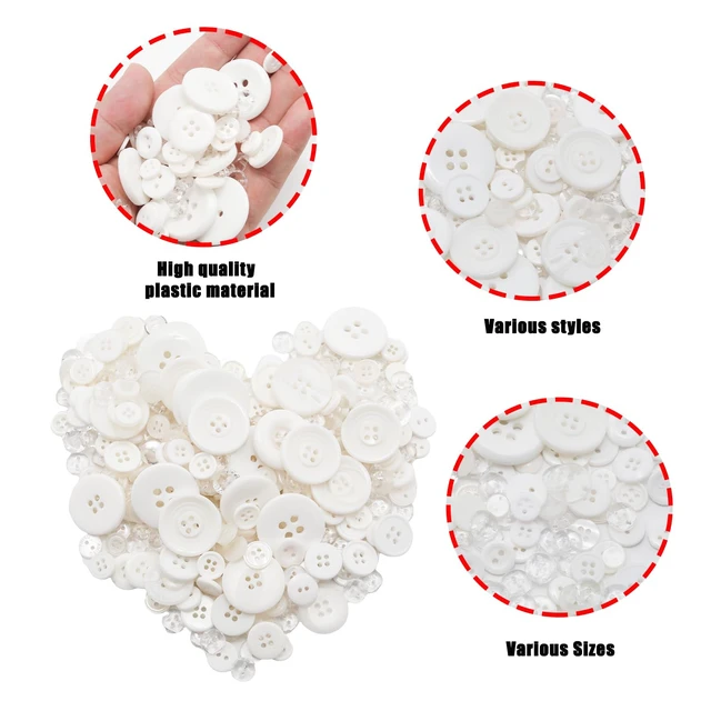Alt view image 4 of 7 - About 300 Pcs White Resion Buttons for Crafts, 4 Holes Assorted Sizes Resin Buttons, for Crafting, Arts, DIY, Decoration, Sewing (White)