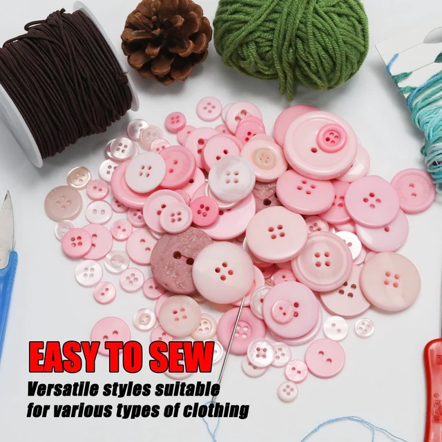Alt view image 6 of 7 - About 300 Pcs Pink Resion Buttons for Crafts, 4 Holes Assorted Sizes Resin Buttons, for Crafting, Arts, DIY, Decoration, Sewing (Pink)