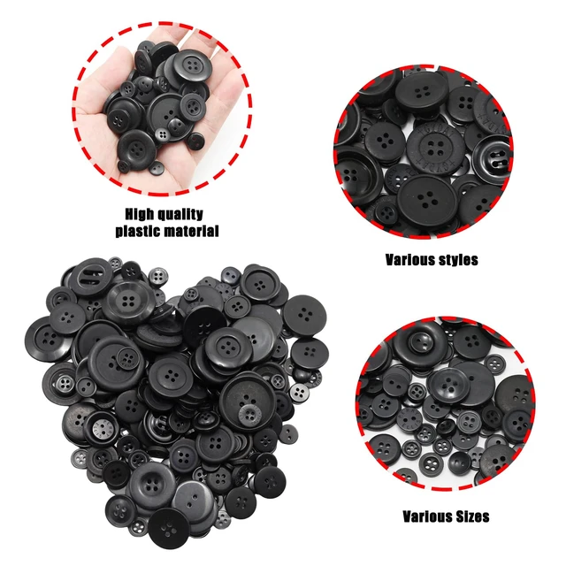 Alt view image 4 of 7 - About 300 Pcs Black Resion Buttons for Crafts, 4 Holes Assorted Sizes Resin Buttons, for Crafting, Arts, DIY, Decoration, Sewing (Black)