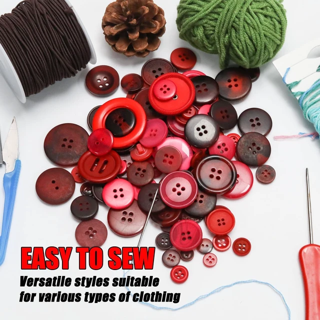 Alt view image 6 of 7 - About 300 Pcs Red Resion Buttons for Crafts, 4 Holes Assorted Sizes Resin Buttons, for Crafting, Arts, DIY, Decoration, Sewing (Red)