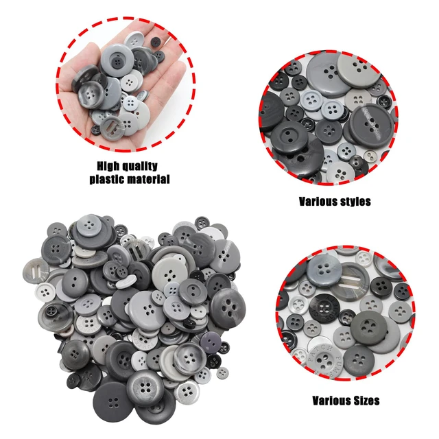 Alt view image 4 of 7 - About 300 Pcs Grey Resion Buttons for Crafts, 4 Holes Assorted Sizes Resin Buttons, for Crafting, Arts, DIY, Decoration, Sewing (Grey)