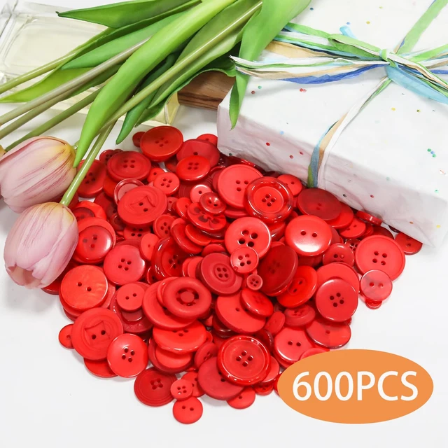 Alt view image 2 of 7 - 500-600 Pcs Red Resion Buttons for Crafts, 4 Holes Assorted Sizes Resin Buttons, for Crafting, Arts, DIY, Decoration, Sewing (Red 1)