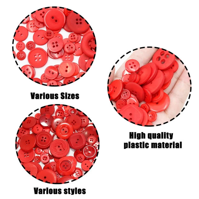 Alt view image 4 of 7 - 500-600 Pcs Red Resion Buttons for Crafts, 4 Holes Assorted Sizes Resin Buttons, for Crafting, Arts, DIY, Decoration, Sewing (Red 1)