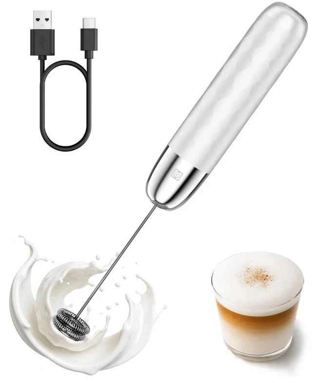 Main image of Rechargeable Milk Frother, Handheld Electric Foam Maker Detachable Stainless Steel Whisk Drink Mixer Foamer Mini Blender for Matcha, Lattes, Cappuccino, No Stand (White and Silver)