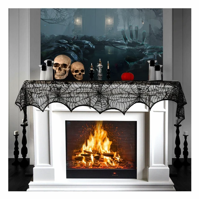 Main image of Halloween Cobweb Fireplace Scarf, Black Lace Spiderweb Mantle Scarf for Halloween Home Party Supplies, 18 x 96 inch