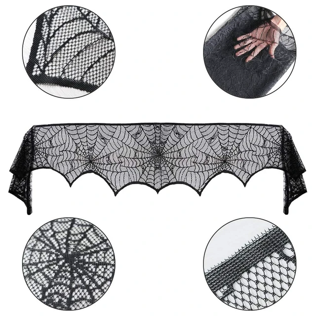 Alt view image 3 of 7 - Halloween Cobweb Fireplace Scarf, Black Lace Spiderweb Mantle Scarf for Halloween Home Party Supplies, 18 x 96 inch