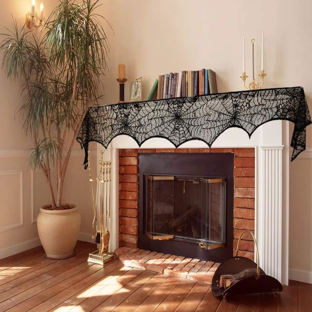 Alt view image 4 of 7 - Halloween Cobweb Fireplace Scarf, Black Lace Spiderweb Mantle Scarf for Halloween Home Party Supplies, 18 x 96 inch