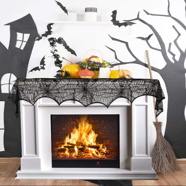 Alt view image 5 of 7 - Halloween Cobweb Fireplace Scarf, Black Lace Spiderweb Mantle Scarf for Halloween Home Party Supplies, 18 x 96 inch