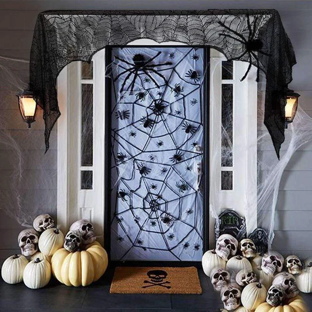 Alt view image 6 of 7 - Halloween Cobweb Fireplace Scarf, Black Lace Spiderweb Mantle Scarf for Halloween Home Party Supplies, 18 x 96 inch
