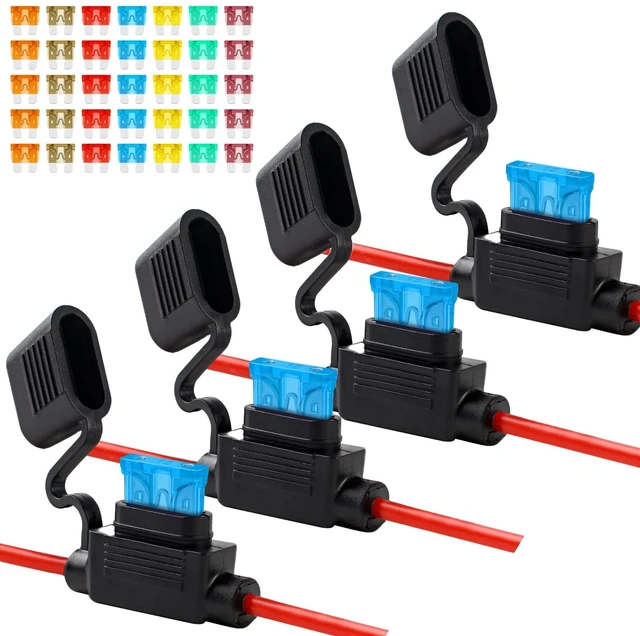 Main image of 4 Pack 12AWG Waterproof Inline Fuse Holder | with 35 PCS Standard Fuses (5 of Each: 5A, 7.5A, 10A, 15A, 20A, 30A, 40A), Upgraded In Line Fuse Holders 12v for Marine Auto