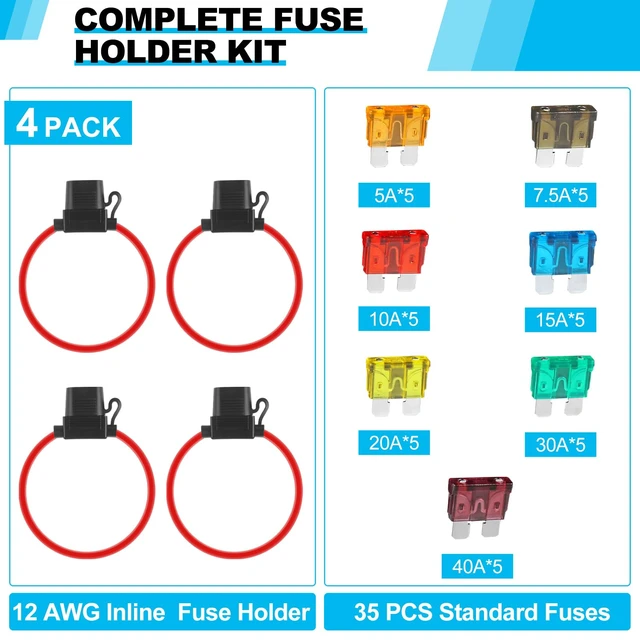 Alt view image 2 of 7 - 4 Pack 12AWG Waterproof Inline Fuse Holder | with 35 PCS Standard Fuses (5 of Each: 5A, 7.5A, 10A, 15A, 20A, 30A, 40A), Upgraded In Line Fuse Holders 12v for Marine Auto