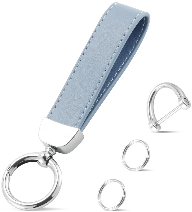 Main image of Leather Keychain, Car Key Chain with Anti-Lost D-Ring and 2 Key Ring, Keychain Wristlet, Car Accessories, Universal Keychain for Men and Women (Blue)