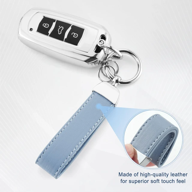 Alt view image 3 of 6 - Leather Keychain, Car Key Chain with Anti-Lost D-Ring and 2 Key Ring, Keychain Wristlet, Car Accessories, Universal Keychain for Men and Women (Blue)