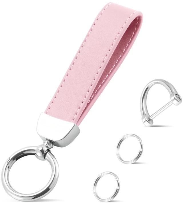Main image of Leather Keychain, Car Key Chain with Anti-Lost D-Ring and 2 Key Ring, Keychain Wristlet, Car Accessories, Universal Keychain for Men and Women (Pink)