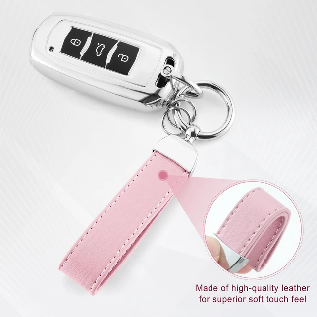 Alt view image 3 of 6 - Leather Keychain, Car Key Chain with Anti-Lost D-Ring and 2 Key Ring, Keychain Wristlet, Car Accessories, Universal Keychain for Men and Women (Pink)