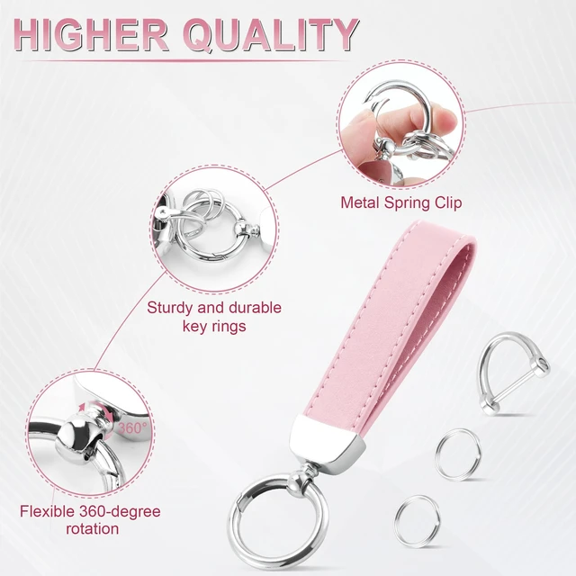 Alt view image 4 of 6 - Leather Keychain, Car Key Chain with Anti-Lost D-Ring and 2 Key Ring, Keychain Wristlet, Car Accessories, Universal Keychain for Men and Women (Pink)
