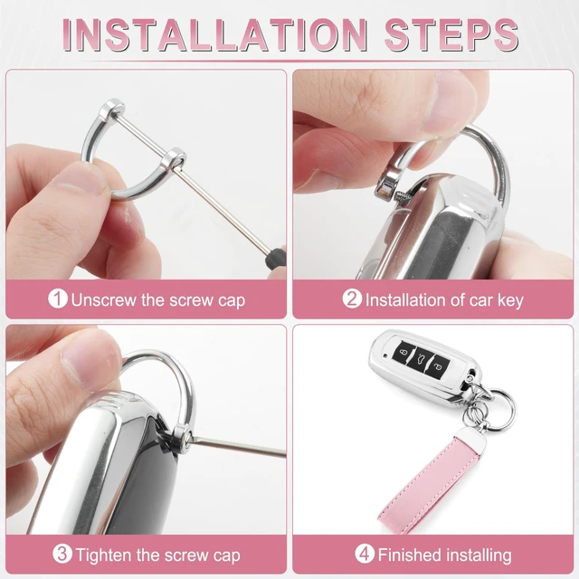 Alt view image 6 of 6 - Leather Keychain, Car Key Chain with Anti-Lost D-Ring and 2 Key Ring, Keychain Wristlet, Car Accessories, Universal Keychain for Men and Women (Pink)