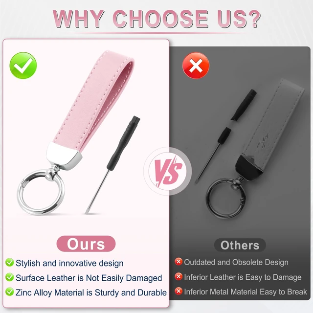 Alt view image 5 of 6 - Leather Keychain, Car Key Chain with Anti-Lost D-Ring and 2 Key Ring, Keychain Wristlet, Car Accessories, Universal Keychain for Men and Women (Pink)
