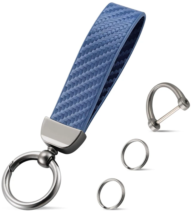 Main image of Leather Keychain, Carbon Fiber Car Key Chain with Anti-Lost D-Ring and 2 Key Ring, Keychain Wristlet, Car Accessories, Universal Keychain for Men and Women (Blue)