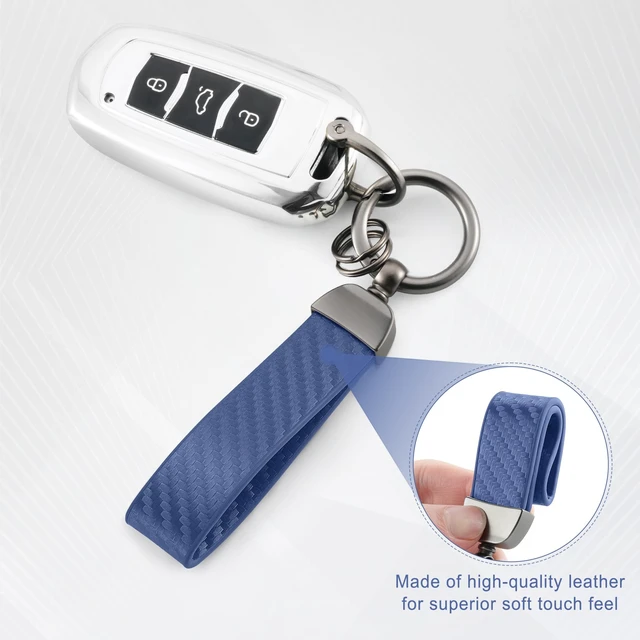 Alt view image 3 of 6 - Leather Keychain, Carbon Fiber Car Key Chain with Anti-Lost D-Ring and 2 Key Ring, Keychain Wristlet, Car Accessories, Universal Keychain for Men and Women (Blue)