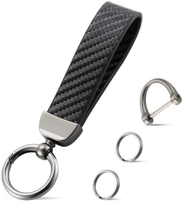 Main image of Leather Keychain, Carbon Fiber Car Key Chain with Anti-Lost D-Ring and 2 Key Ring, Keychain Wristlet, Car Accessories, Universal Keychain for Men and Women (Black)