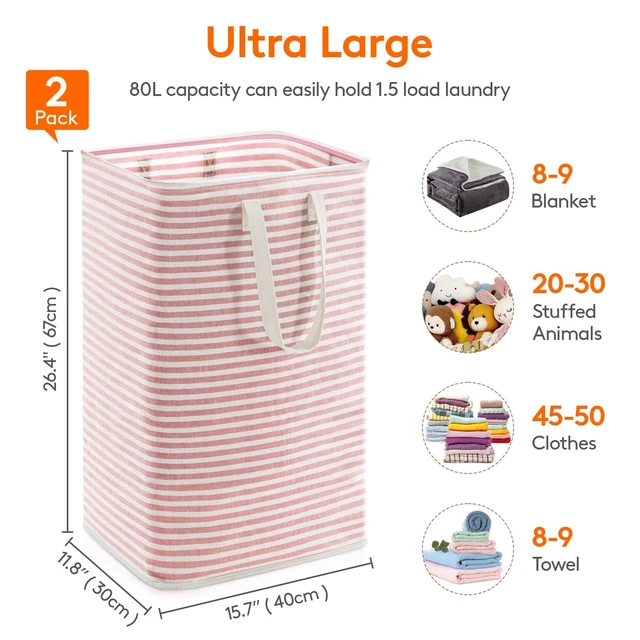 Alt view image 4 of 7 - 80L Large Laundry Baskets, Laundry Hampers Bags, 2 Pack, Pink | Freestanding, Waterproof, Collapsible Clothes Hamper with Reinforced Handles for Dorm, Laundry Room, Bedroom, Bathroom